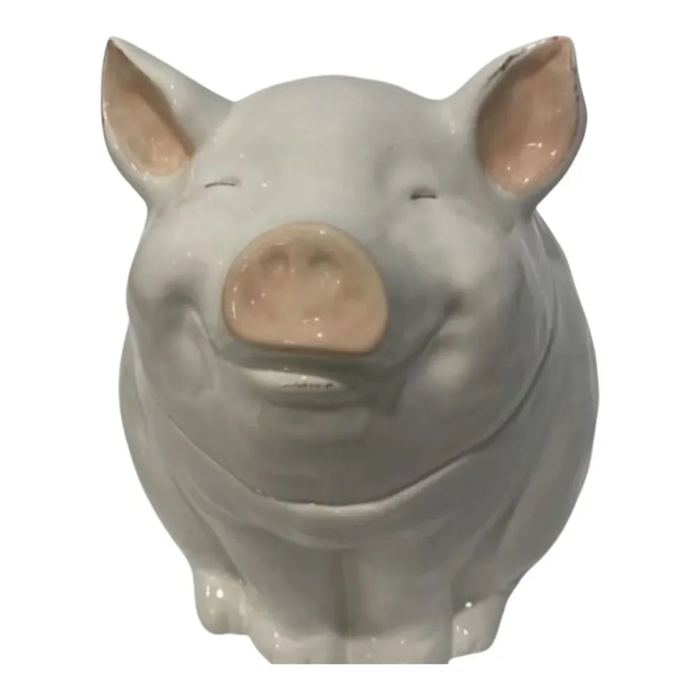 2000s Pier 1 Imports Hand Painted Earthenware Pig Cookie Jar Farmhouse Decor